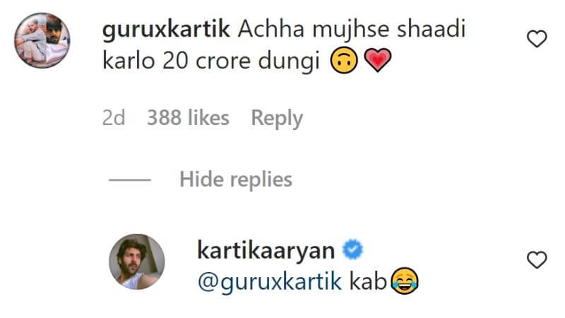 Kartik Aaryan Fan 20 Crore Marry Reply